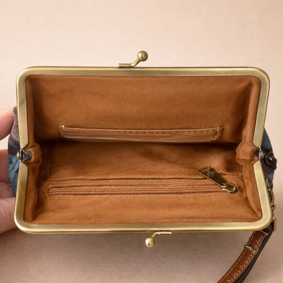 Patricia Nash Savena Leather Wristlet Clutch Blue Forest Tan Kiss Lock NWT